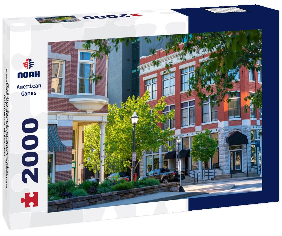 Noah Jigsaw Puzzle Building facade at sunset view, historical square downtown Fayetteville, Northwest Arkansas 2000 pieces