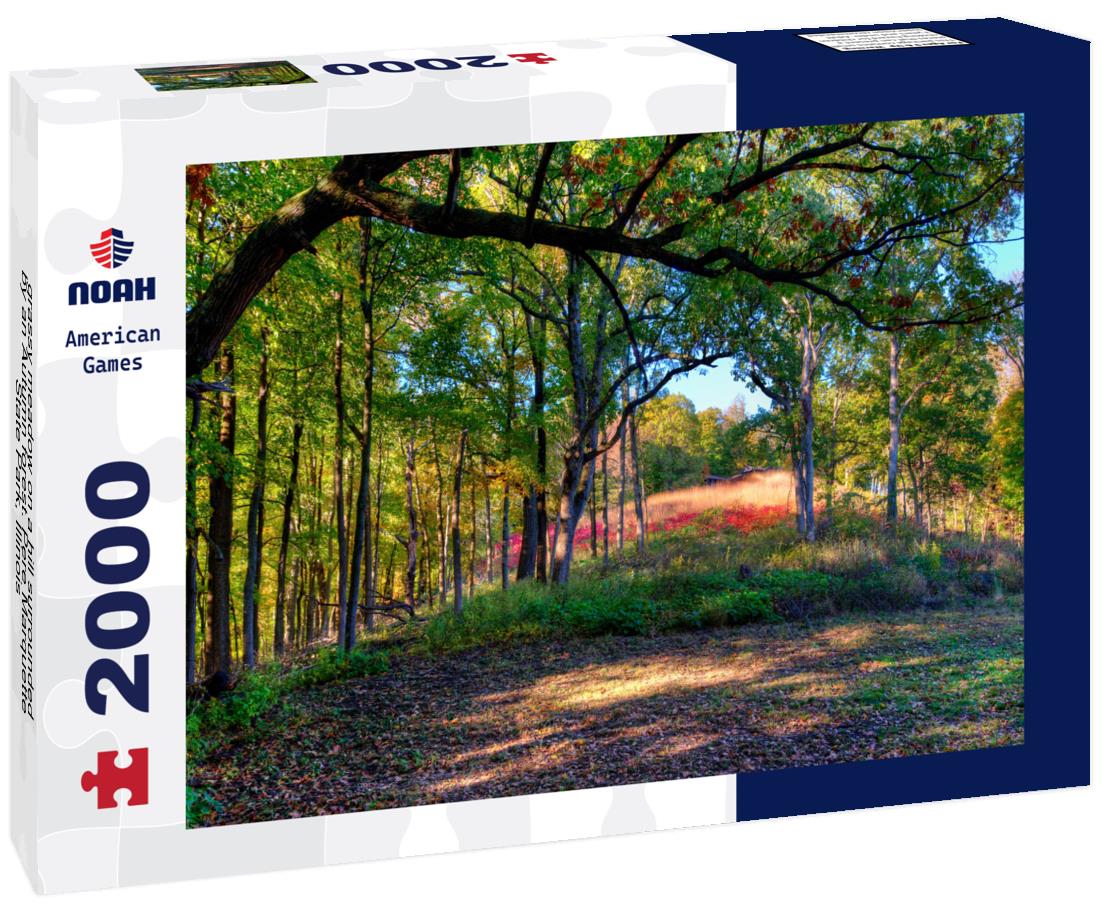 Noah Jigsaw Puzzle grassy meadow on a hill surrounded by an Autumn forest. Pere Marquette State Park, Illinois 2000 pieces