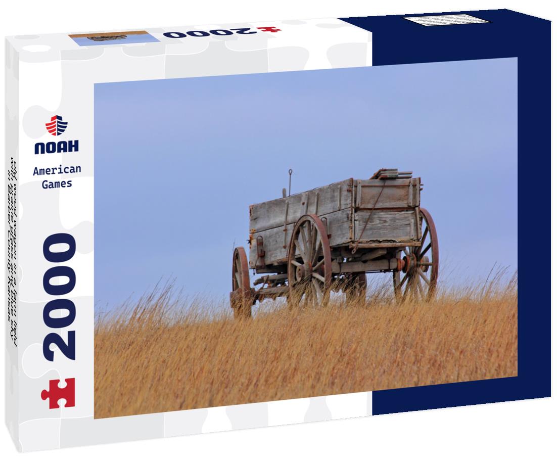 Noah Jigsaw Puzzle old wood wagon in a farm field with prairie grass and blue sky in Barber County Kansas 2000 pieces