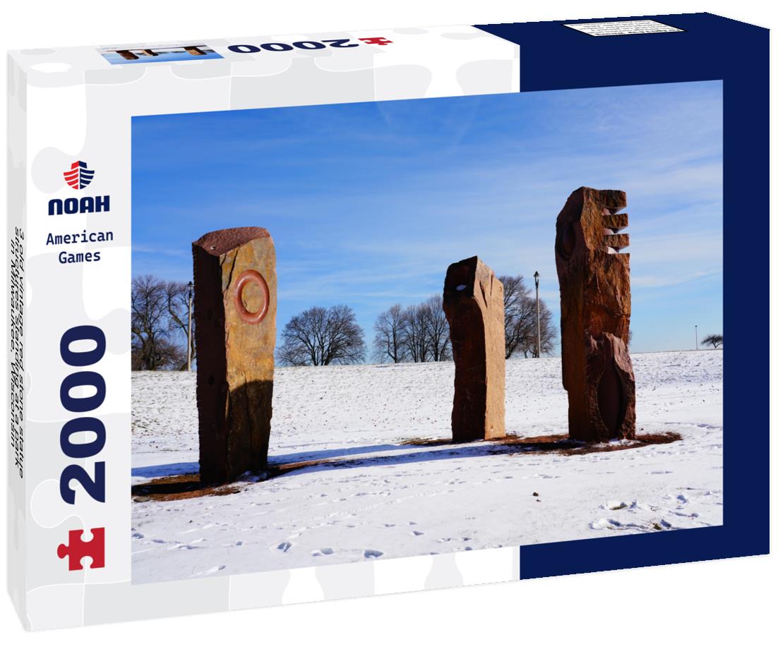 Noah Jigsaw Puzzle 3 old vintage red stone statue structures standing at a park in Milwaukee, Wisconsin 2000 pieces