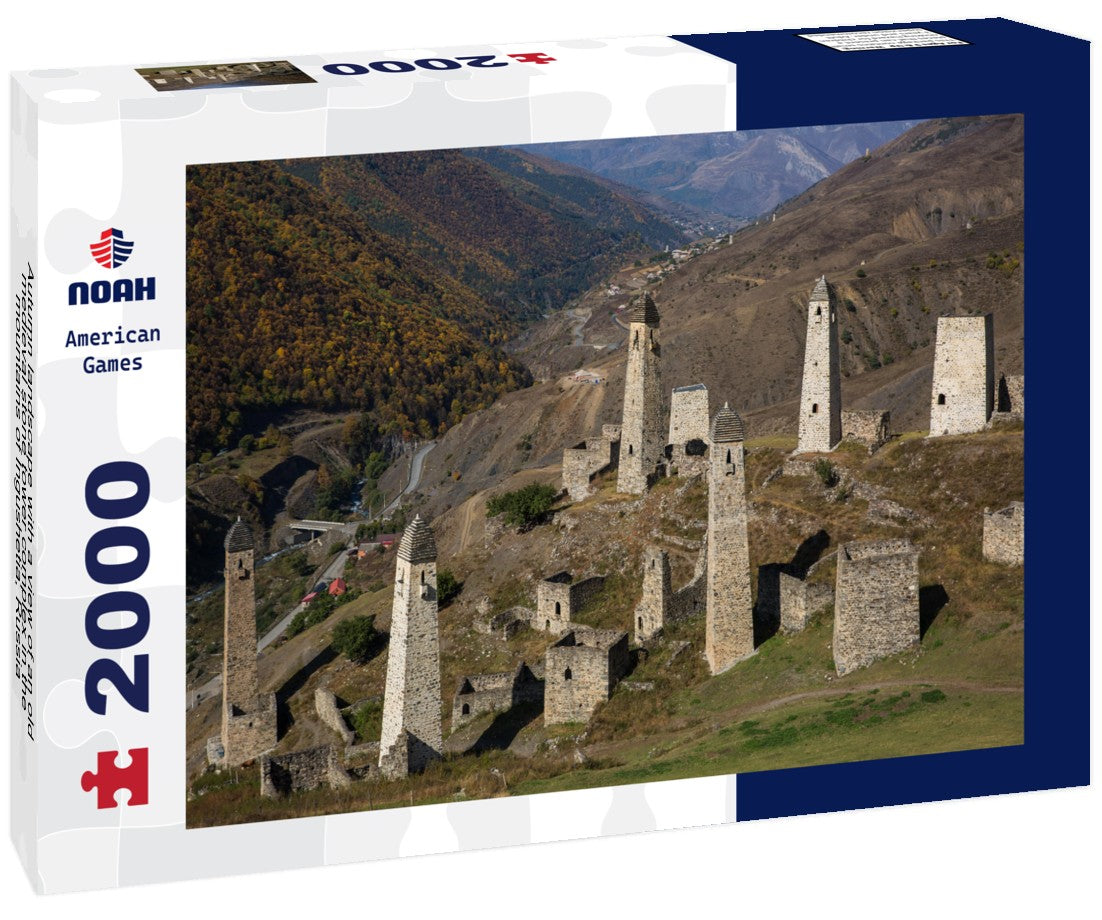 Noah Jigsaw Puzzle Autumn landscape with a view of an old medieval stone tower complex in the mountains of Ingushetia, Russia 2000 Pieces