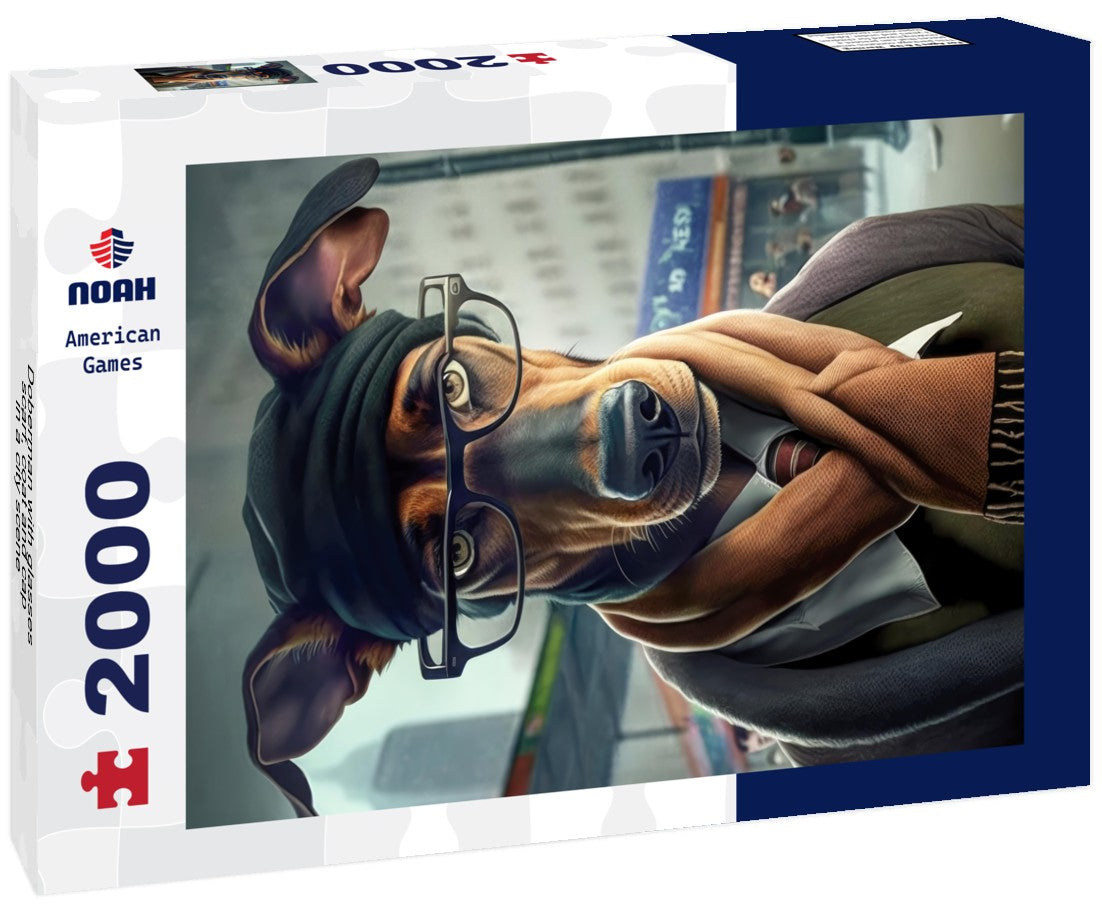 Noah Jigsaw Puzzle Doberman with glasses, scarf, coat and cap in a city scene 2000 Pieces