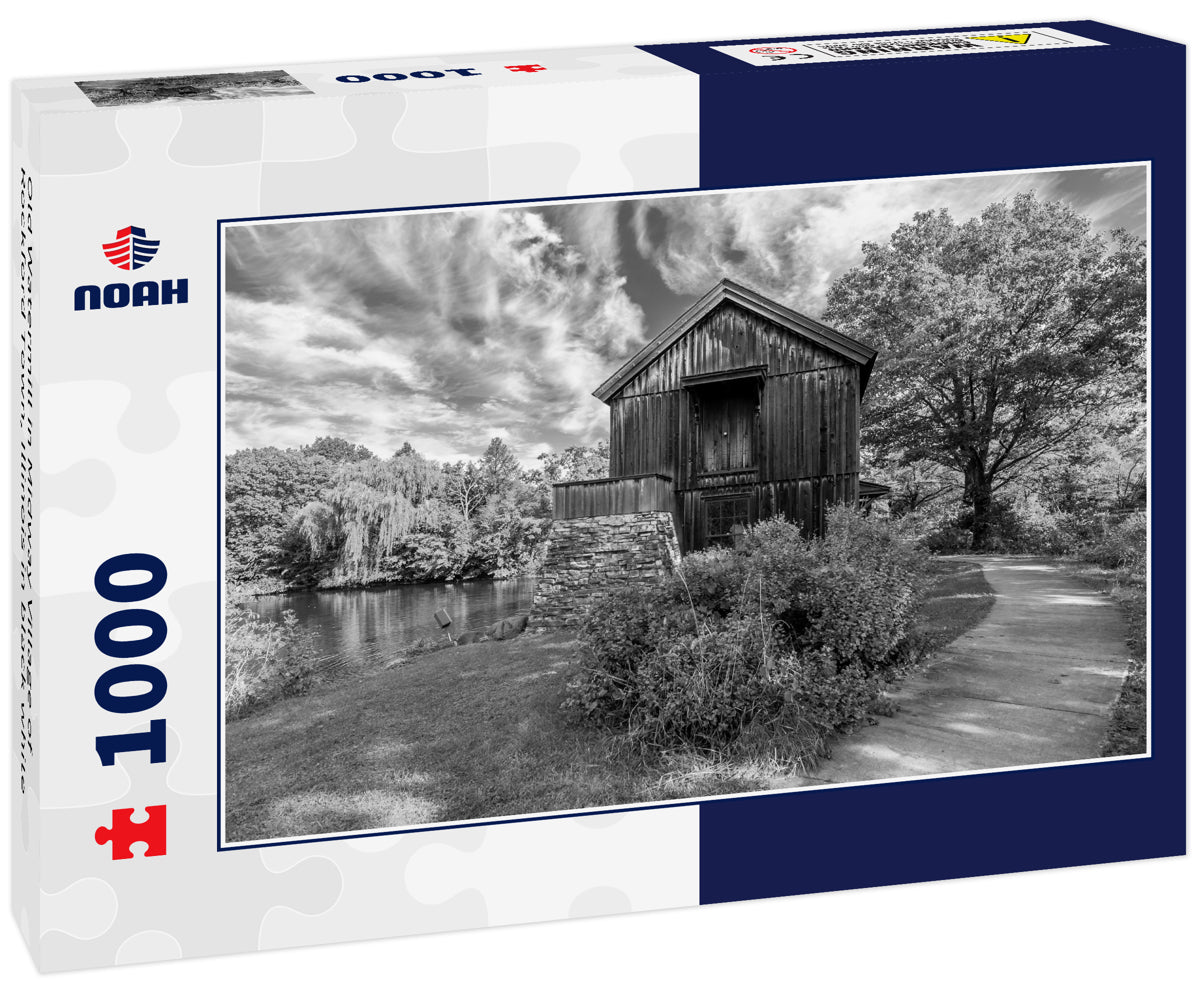 Old Watermill in Midway Village of Rockford Town, Illinois in black white