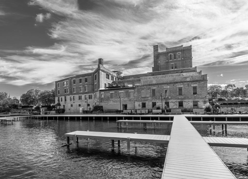 Rock River view in Rockford Town of Illinois in black white