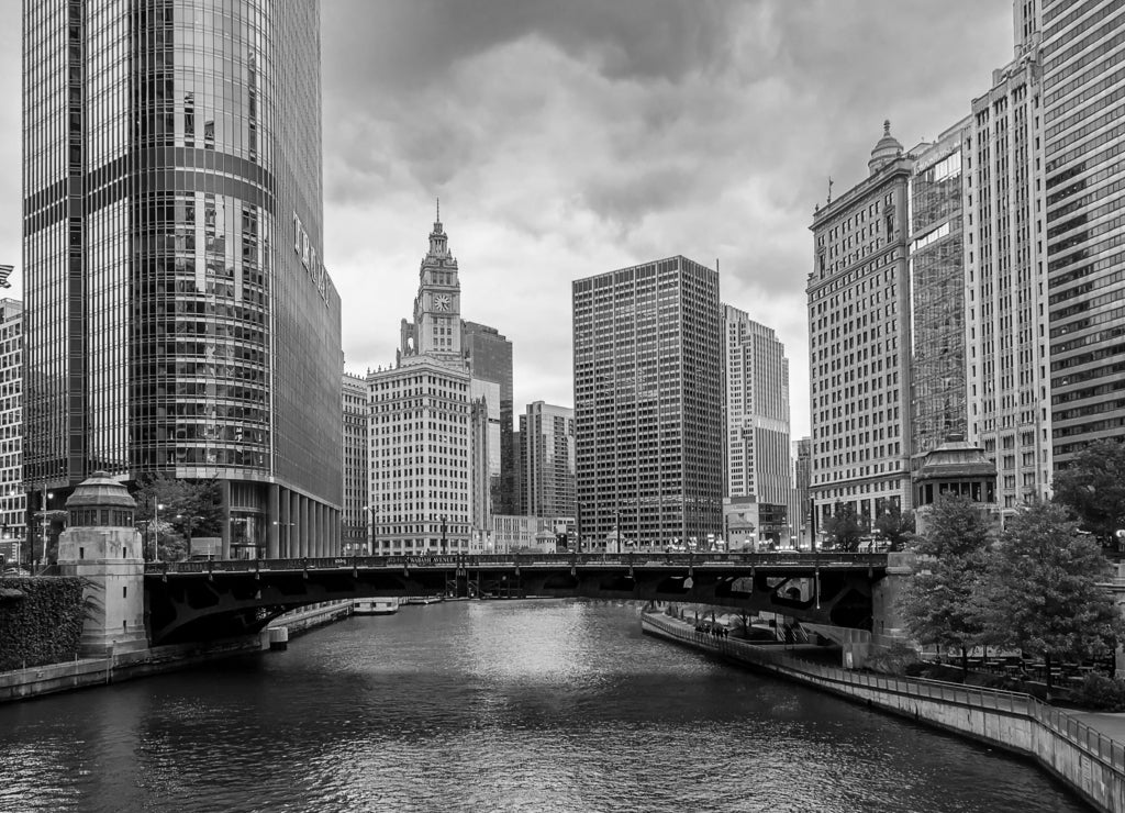 Chicago City riverside view, USA in black white