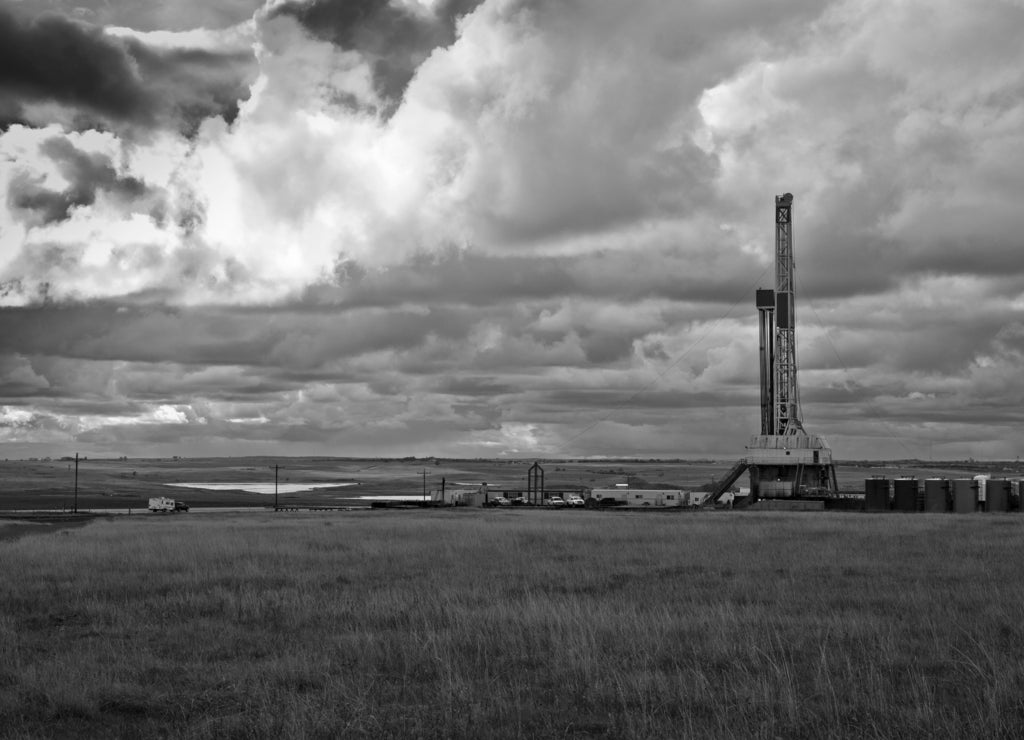 North Dakota midwest Drilling rig in black white