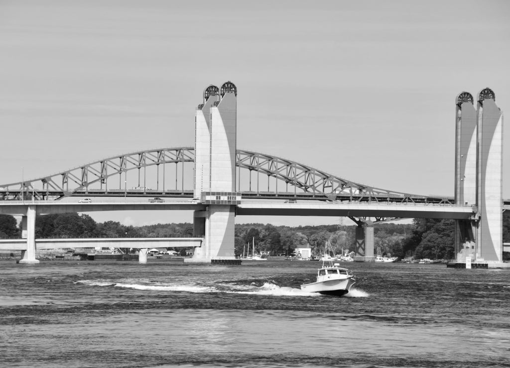 Sarah Mildred Long Bridge and Piscataqua River Bridge in Portsmouth, New Hampshire in black white