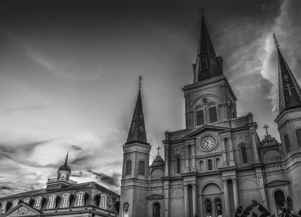 Sunset Saint Louis Cathedral Cabildo New Orleans Louisiana in black white