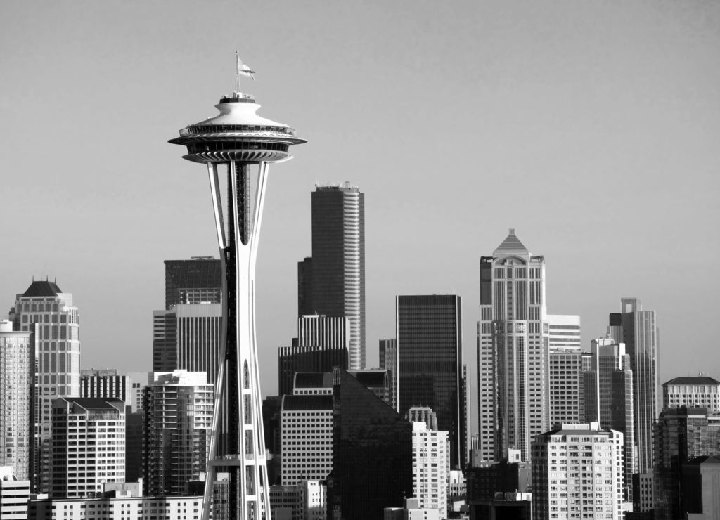 Seattle Skyline at sunset, Washington state in black white