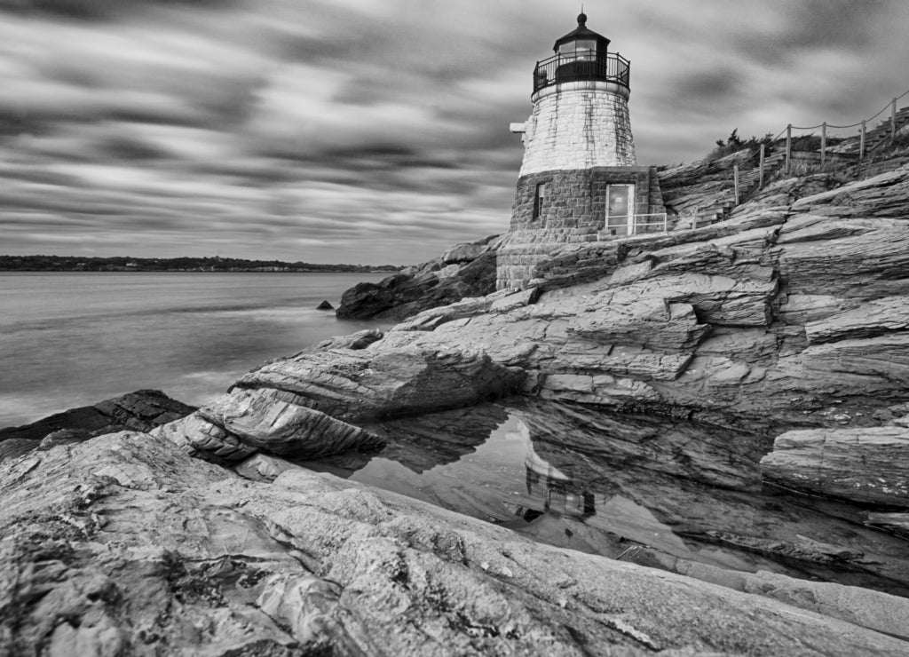 oldcastle lighthouse in newport rhode island in black white