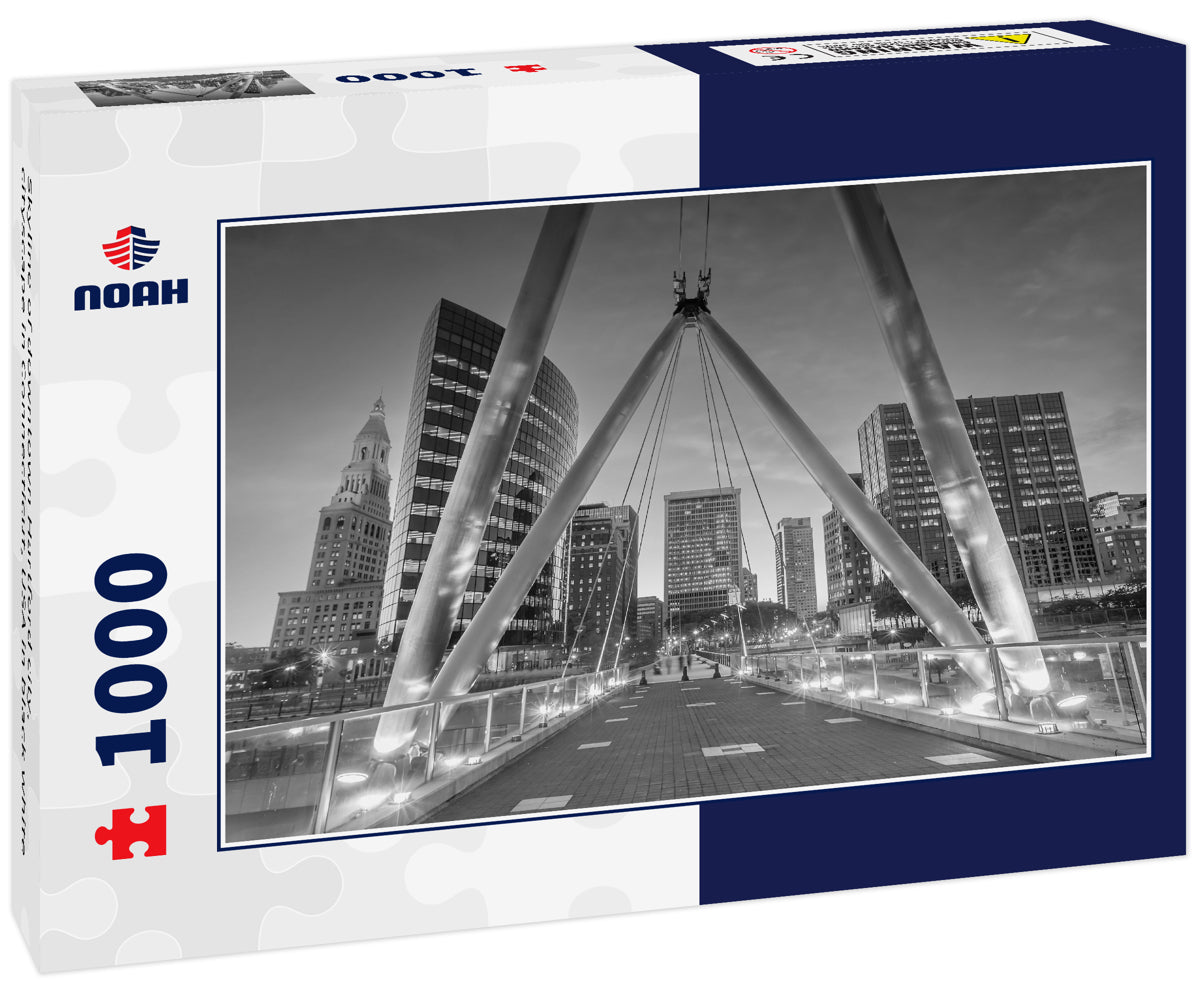 Skyline of downtown Hartford city, cityscape in Connecticut, USA in black white