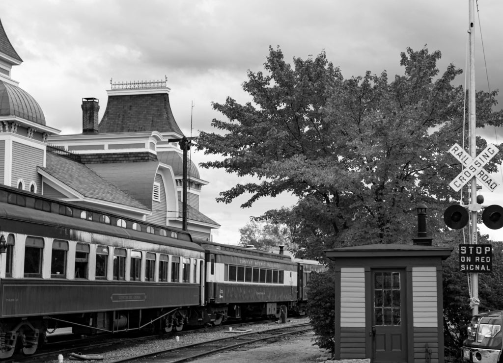 North Conway train station in autumn, New Hampshire in black white