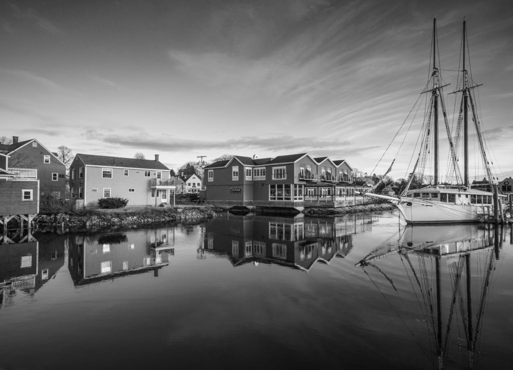Village harbor, Kennebunkport Maine in black white