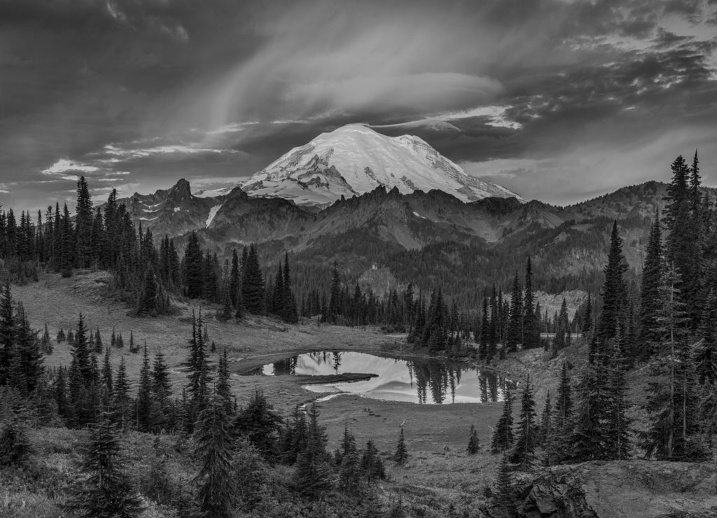 USA, Washington State, Mt. Rainier National Park at sunrise in black white
