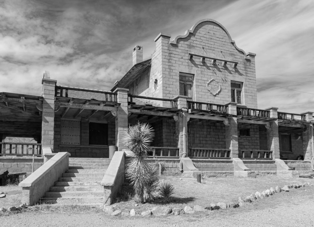 Sunny view of the abandon building in Rhyolite area, Nevada in black white