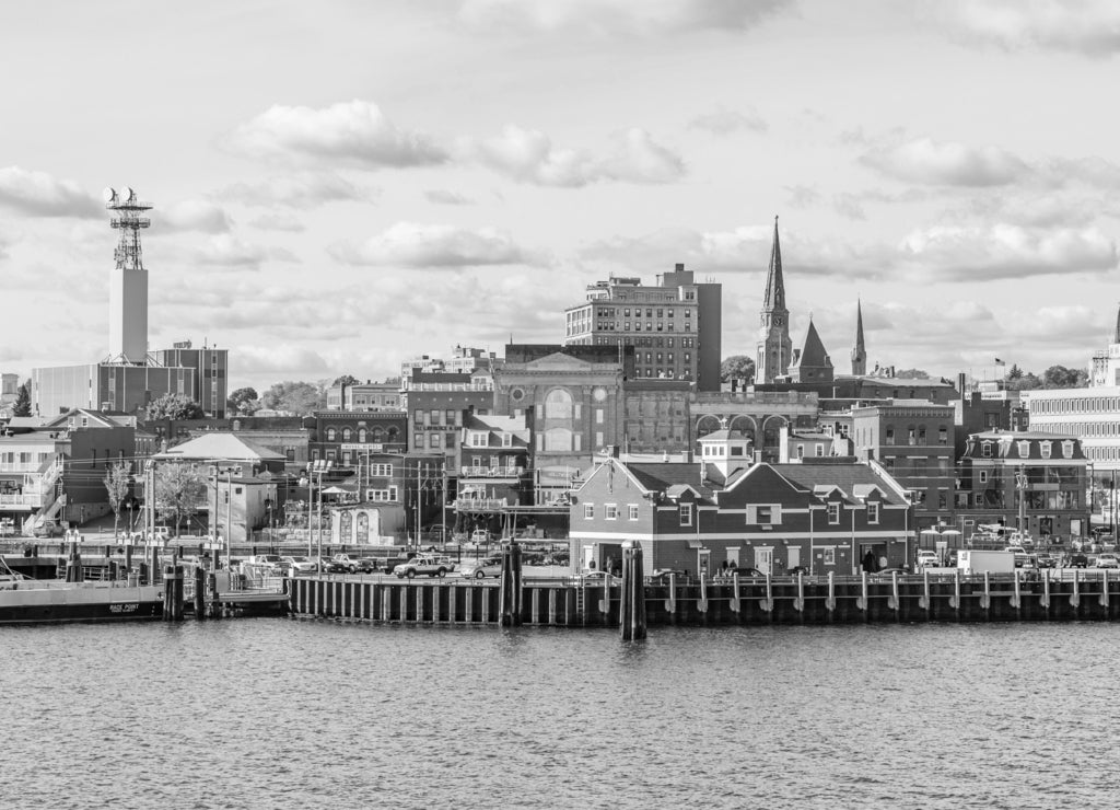 view to skyline of New London in Connecticut, USA in black white