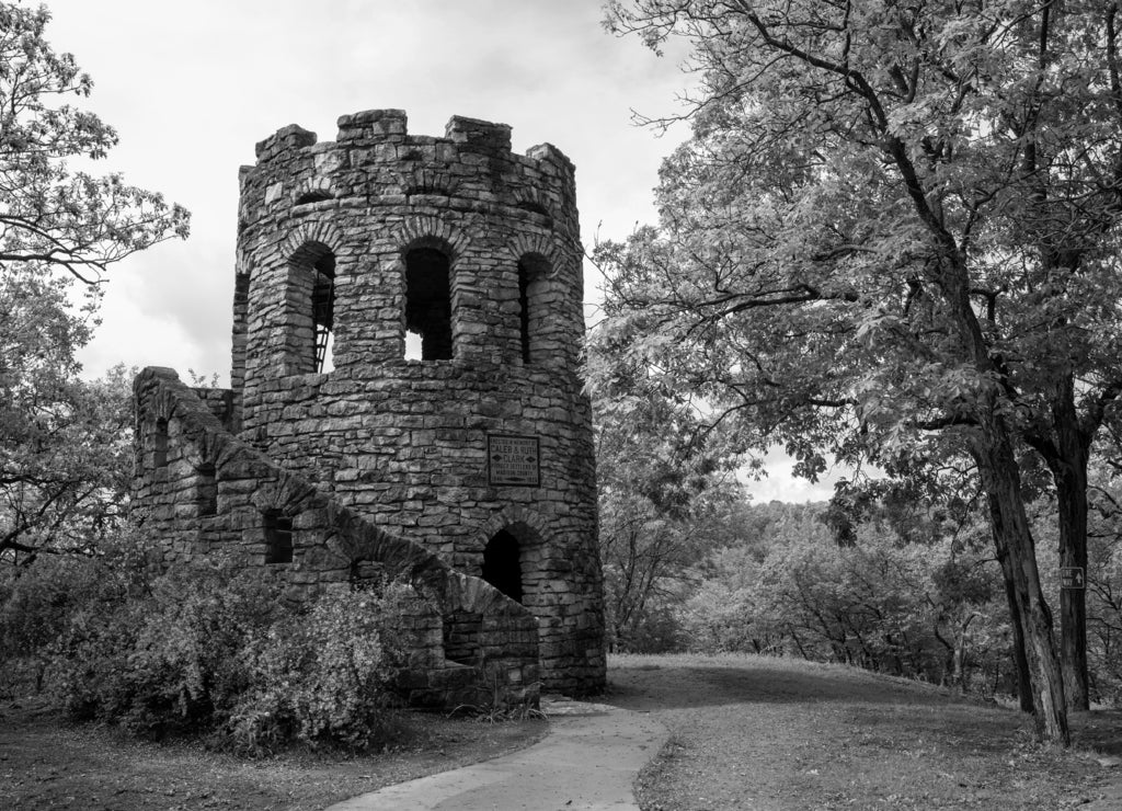 Clark Tower in Winterset, Madison County, Covered Bridges Scenic Byway, Iowa in black white