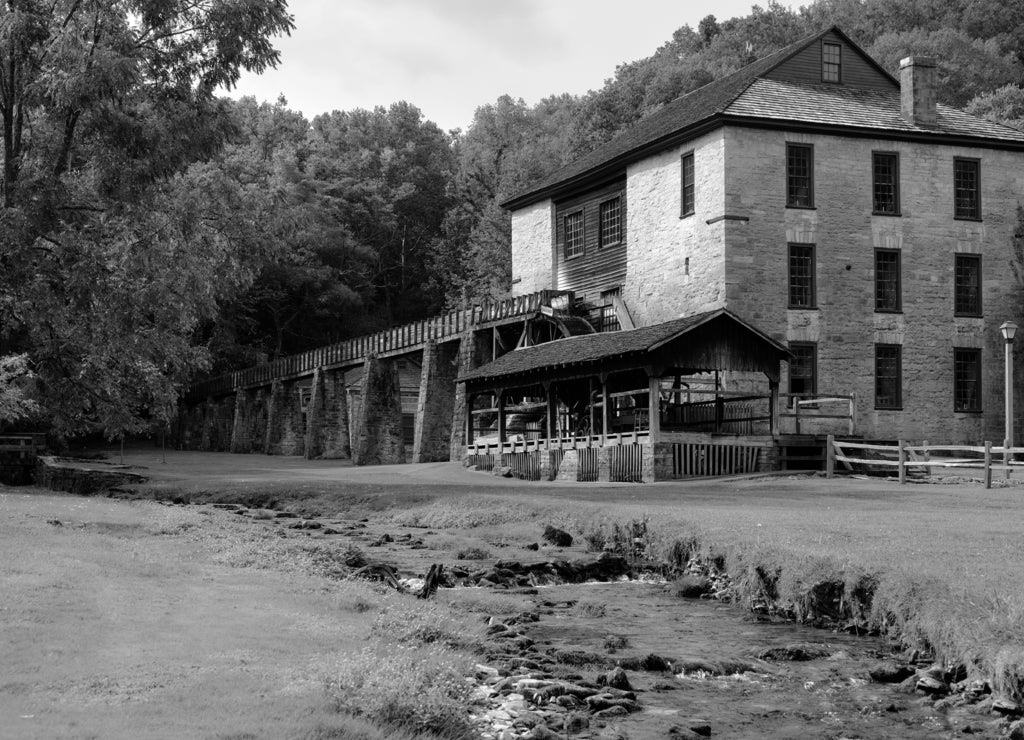 The mill at Springmill State Park in Indiana in black white
