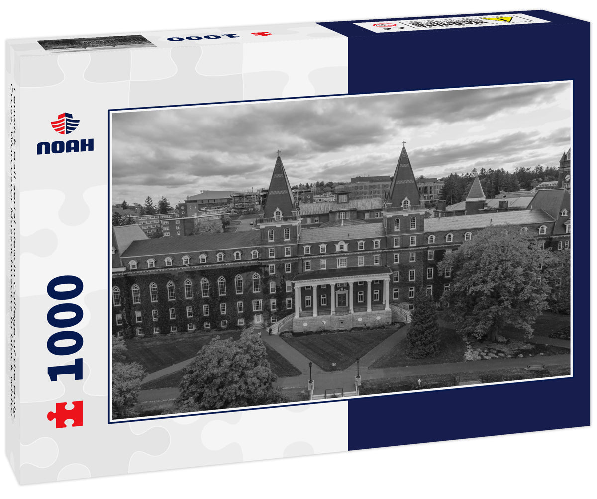 Fenwick Hall aerial view in College of the Holy Cross, Worcester Massachusetts in black white