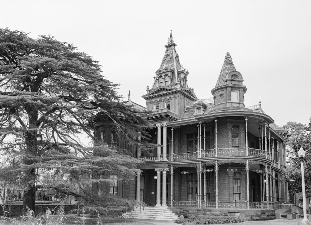 Overcast view of the Littlefield Home, Texas in black white