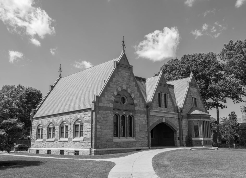 Quincy Historical Society is located in Adams Academy building at 8 Adams Street at Hancock Street in historic city center of Quincy, Massachusetts MA, USA in black white