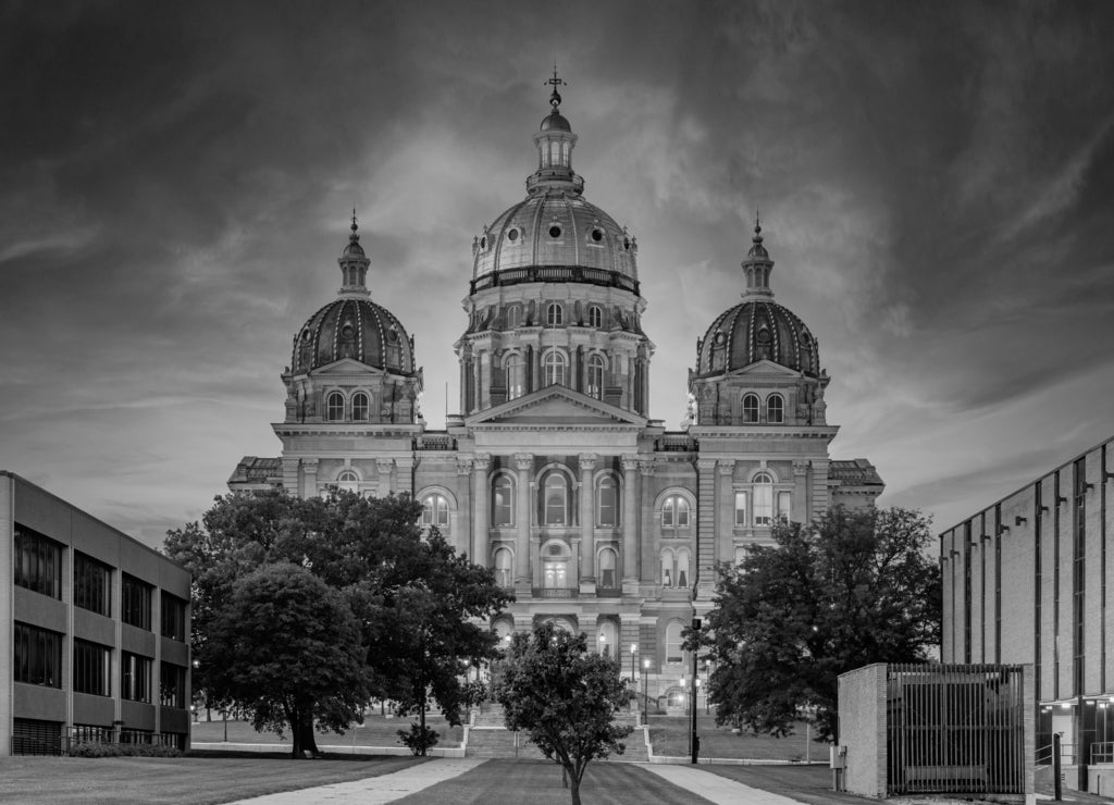 View of the Iowa State Capitol Building in Des Moines, Iowa, at sunset in black white