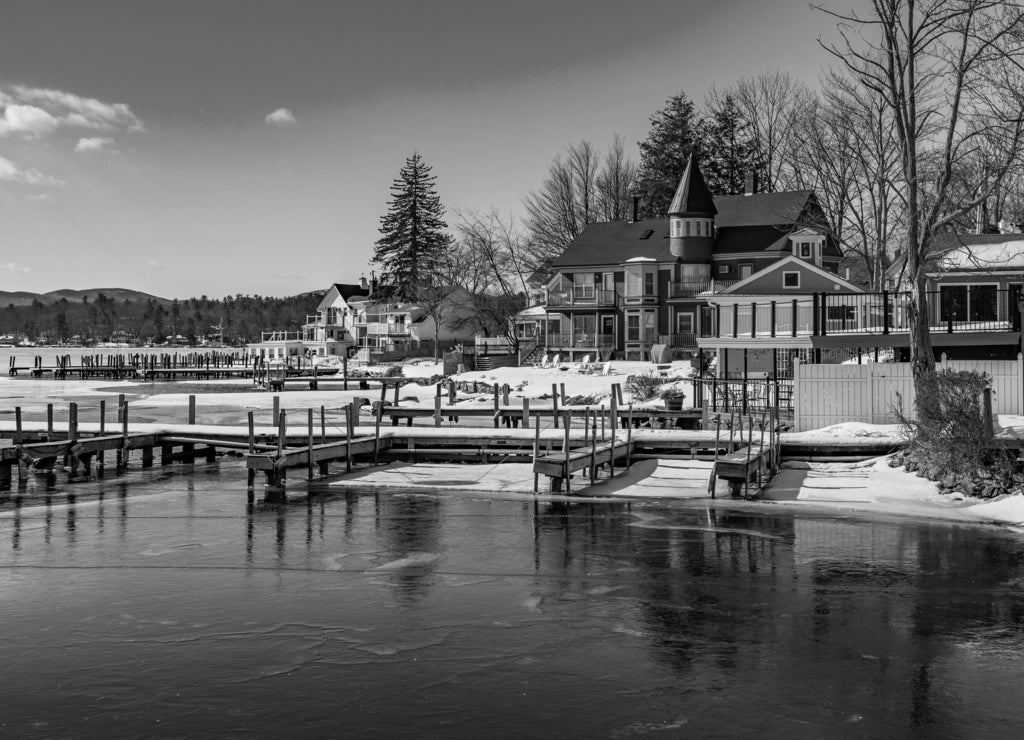 New Hampshire-Wolfboro-Lake Winnipesaukee in black white