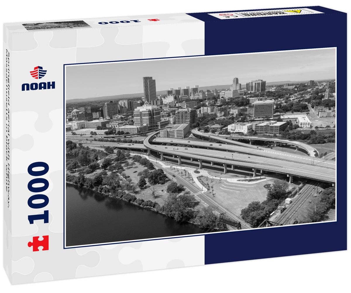Springfield aerial with Highway, Massachusetts in black white