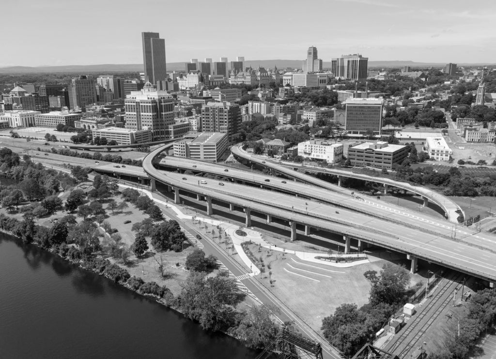 Springfield aerial with Highway, Massachusetts in black white