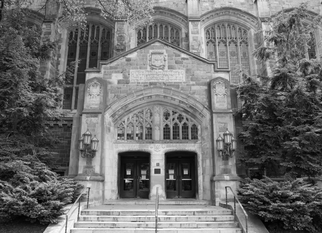 University of Michigan law school library building in black white