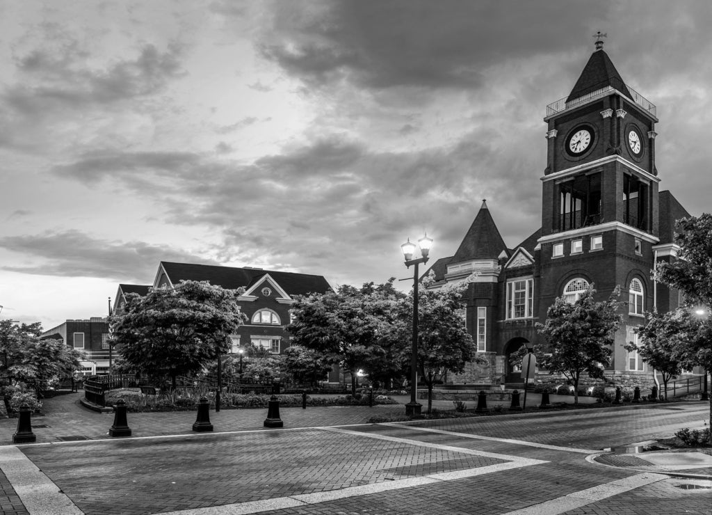 Panoramic view of town square in Dallas, Georgia, after sunset in black white