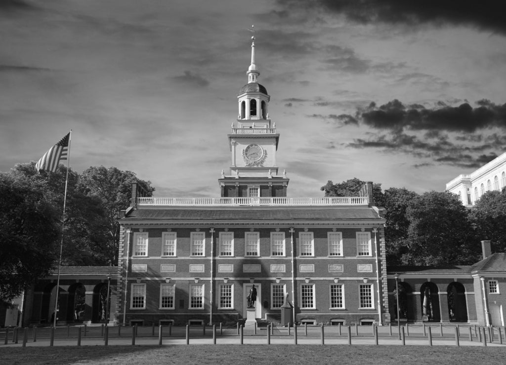 Independence Hall Philadelphia Sunset in black white