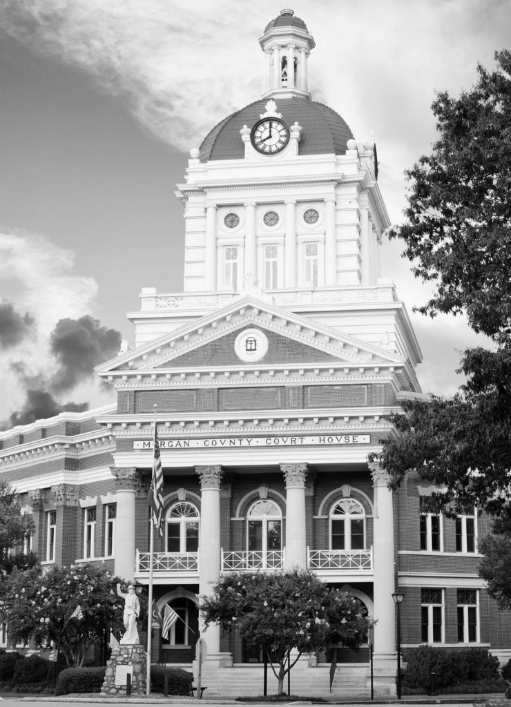 Historic Morgan County Courthouse in Madison, Georgia in black white