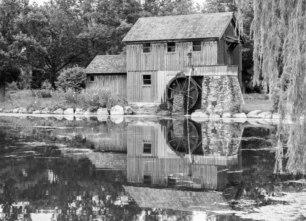 Replica of Water Powered Machine Shop in Rockford Illinois in black white