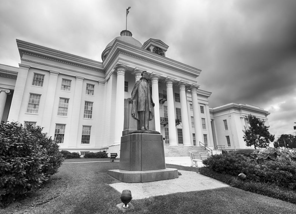 View of state capitol in Montgomery, Alabama in black white