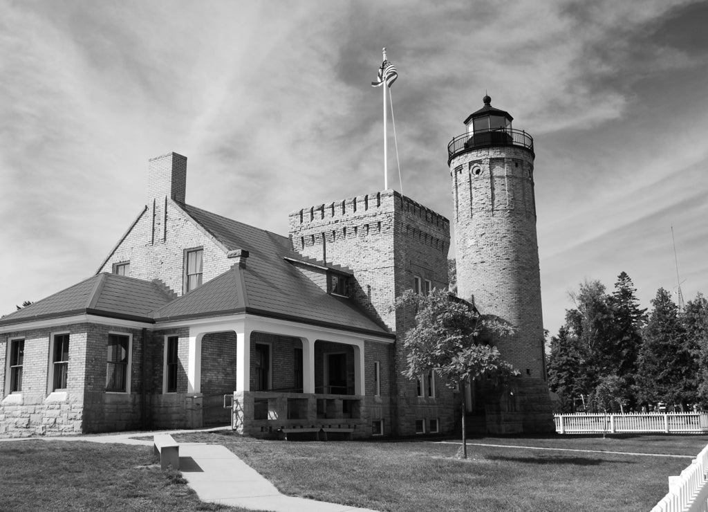 Old Mackinac Point Lighthouse, Michigan in black white
