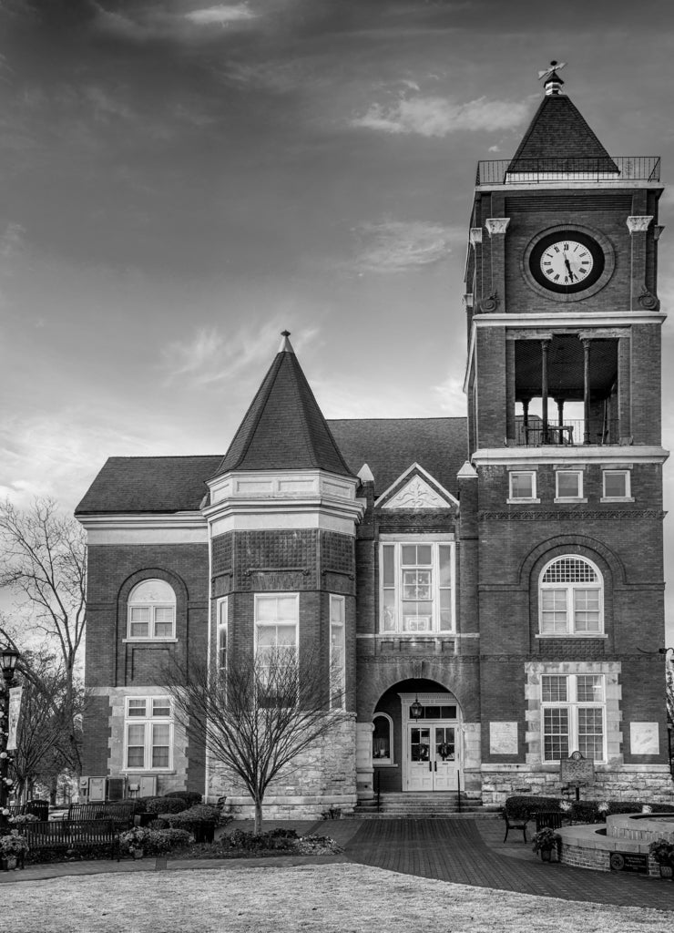Historic small town court house building in Dallas, Georgia in black white