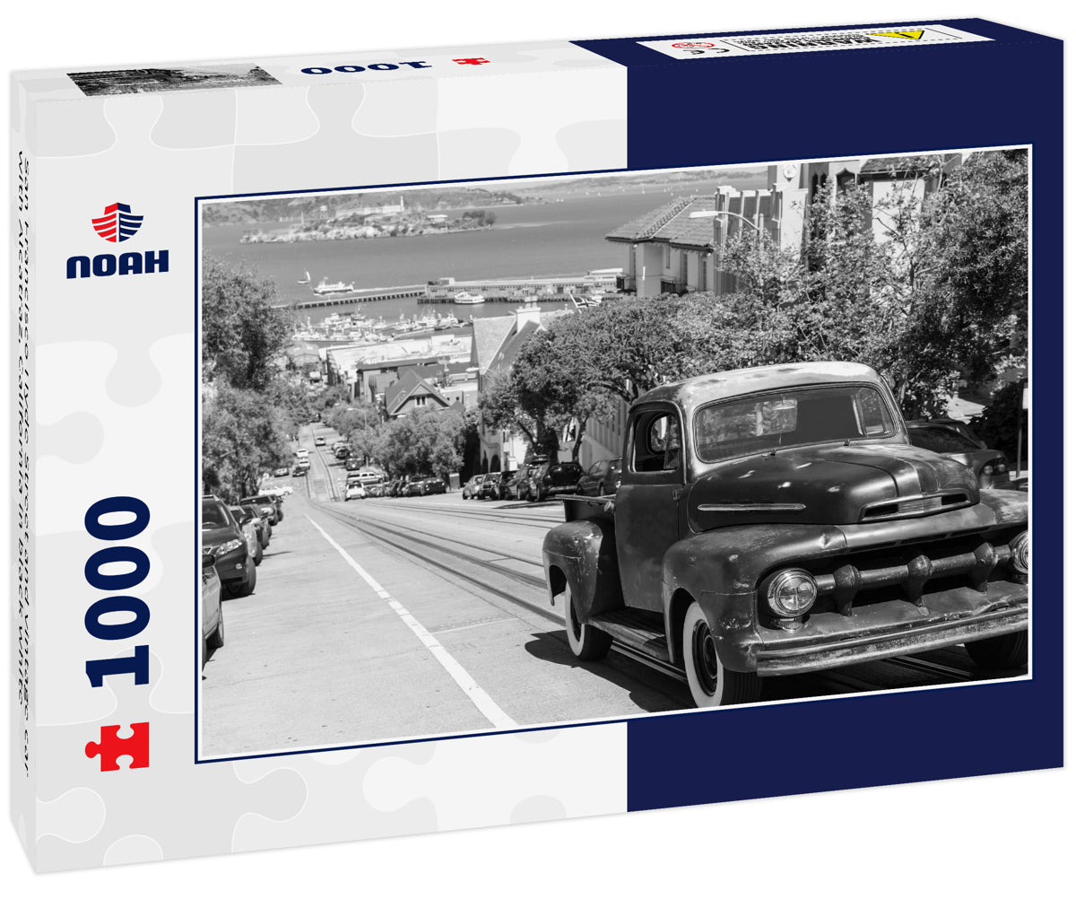 San Francisco Hyde Street and vintage car with Alcatraz, California in black white