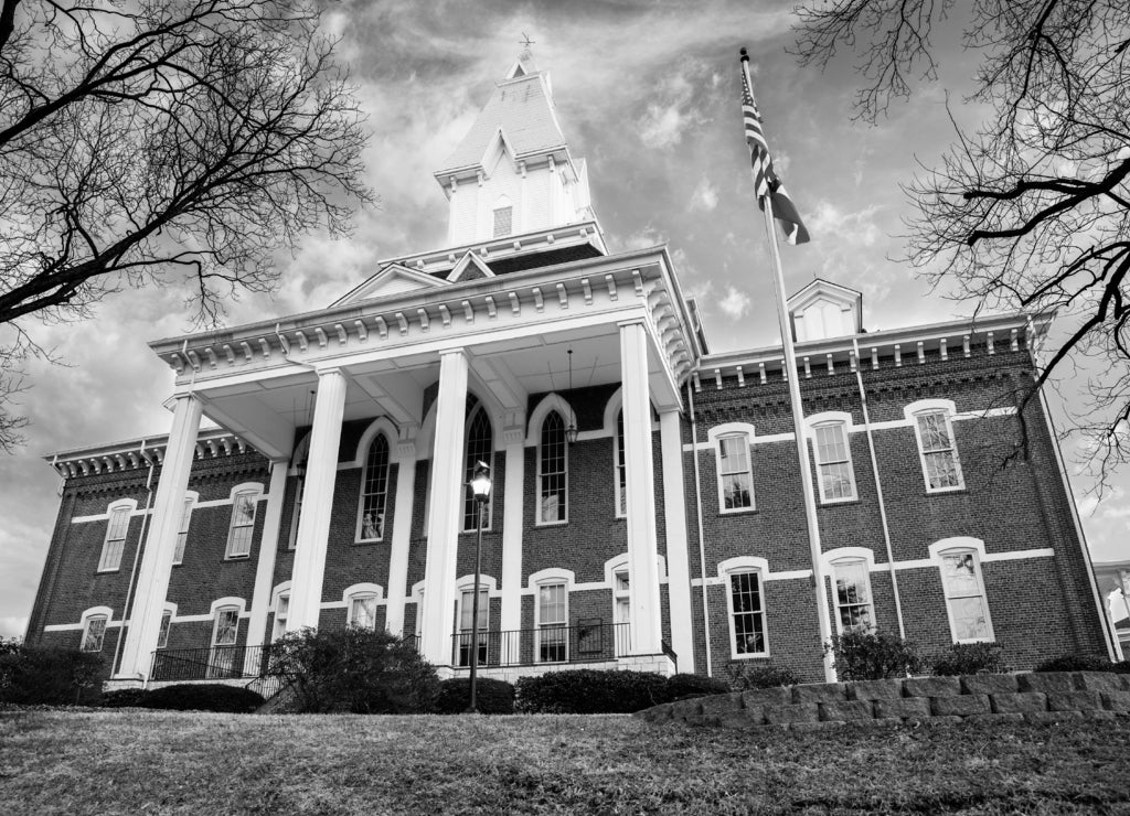Historic building with gold dome in Dahlonega, Georgia in black white