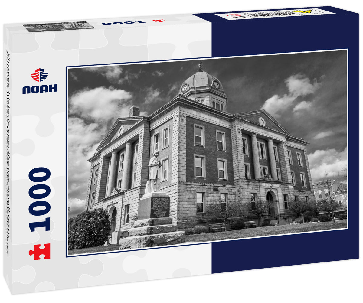 Vintage historic courthouse small town Sullivan Illinois Midwest USA in black white