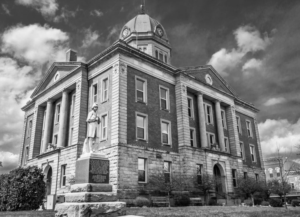 Vintage historic courthouse small town Sullivan Illinois Midwest USA in black white