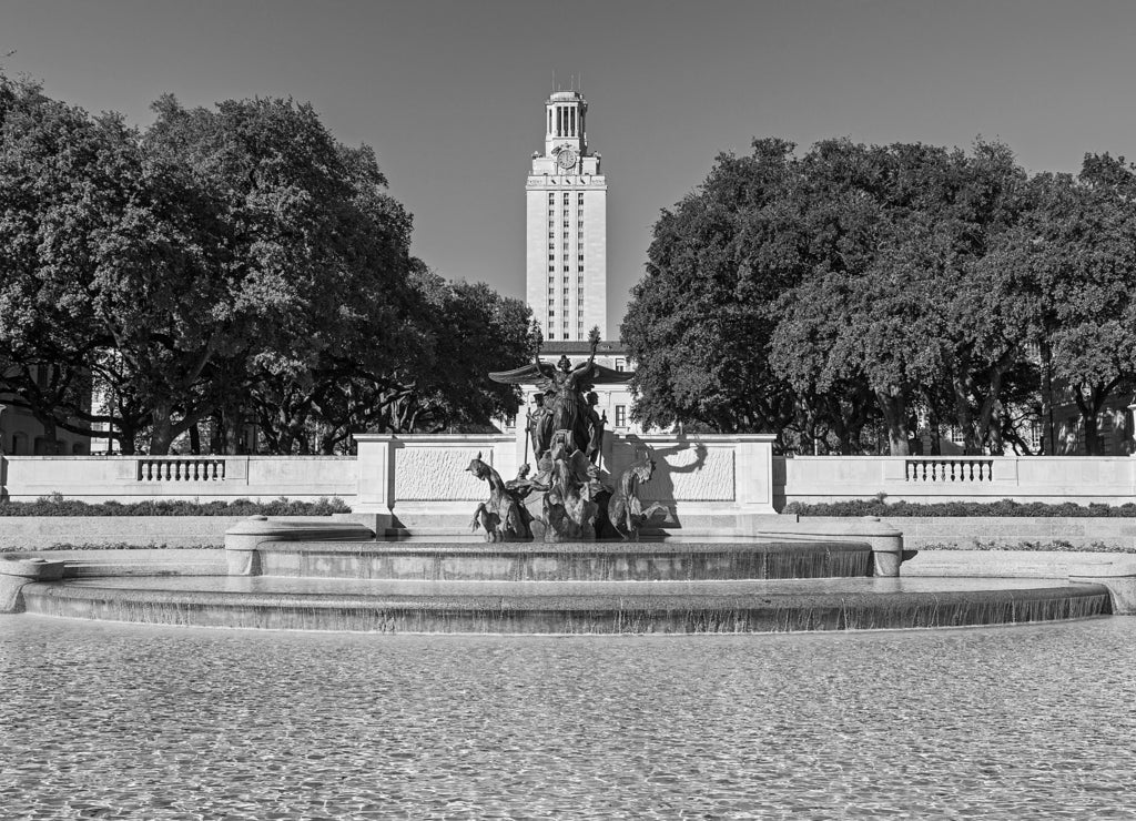 University of Texas Tower Building and Littlefield Fountain in black white