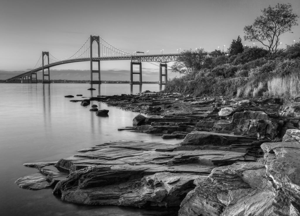 Newport Bridge Sunrise Rocky Seascape Rhode Island in black white