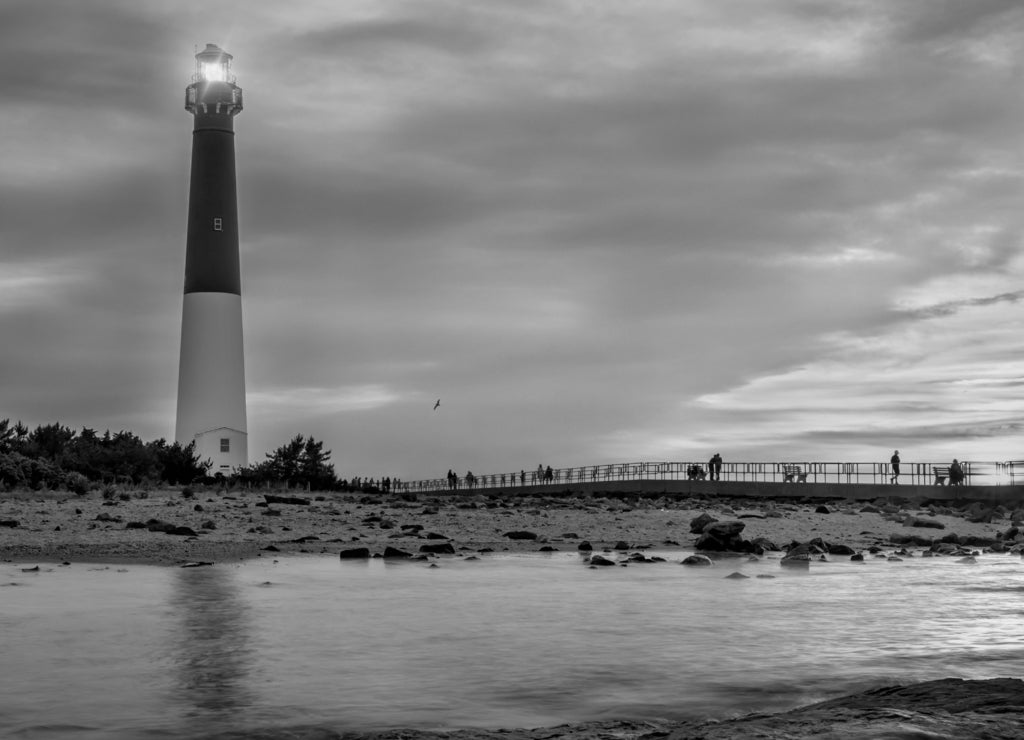 Sunset over Barnegat Lighthouse, New Jersey in black white