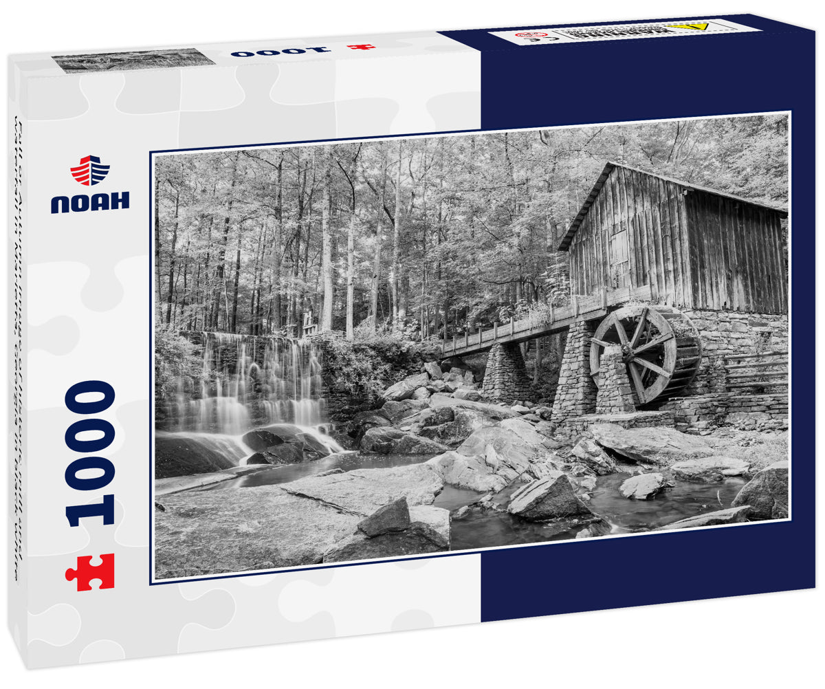 Fall or Autumn image of historic mill and waterfall in Marietta, Georgia in black white