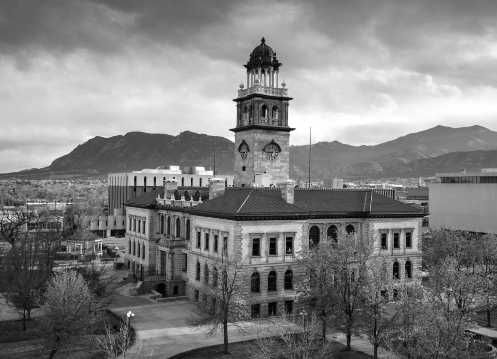 Pioneers museum in Colorado Springs, Colorado in black white
