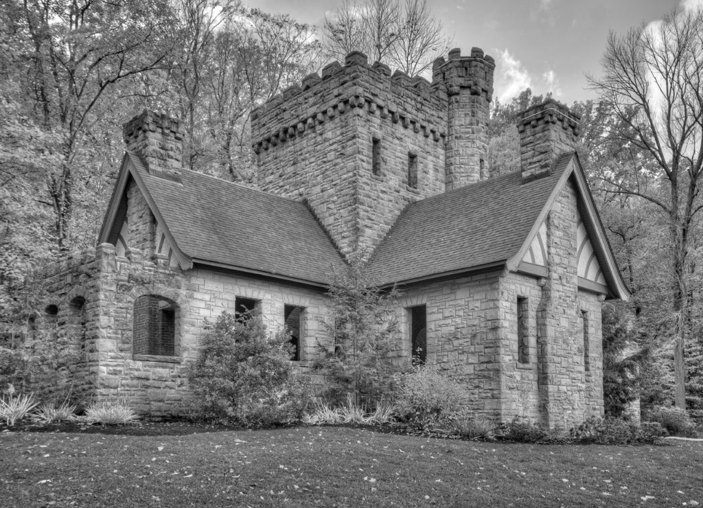Squire's Castle in Willoughby Hills, Ohio in black white