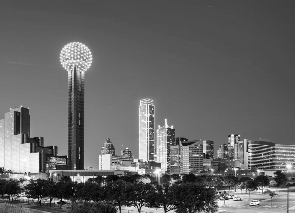 Overview of downtown Dallas, Texas in black white
