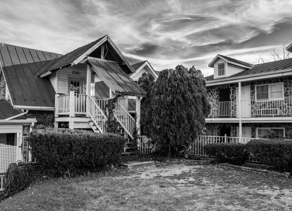 Small motel in Harper's Ferry, West Virginia in black white