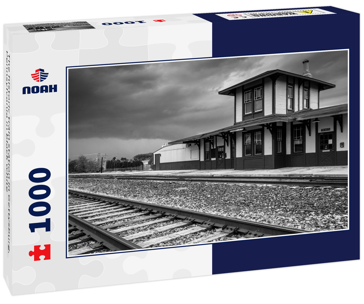 The historic train station in Gettysburg, Pennsylvania in black white